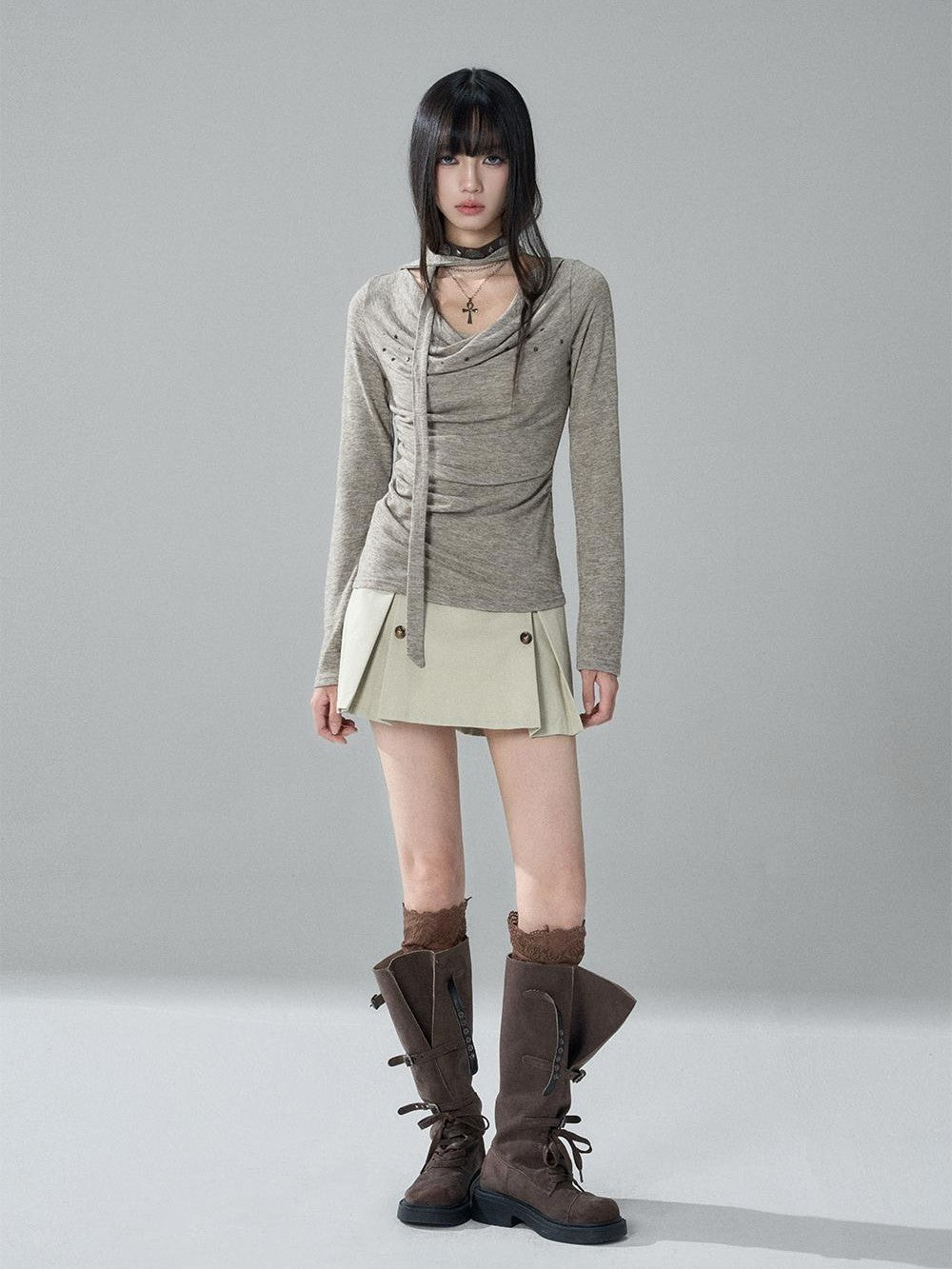 LADYGHOST Ruched Draped Neck Solid Slim Fit Women&