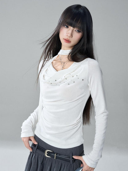 LADYGHOST Ruched Draped Neck Solid Slim Fit Women&