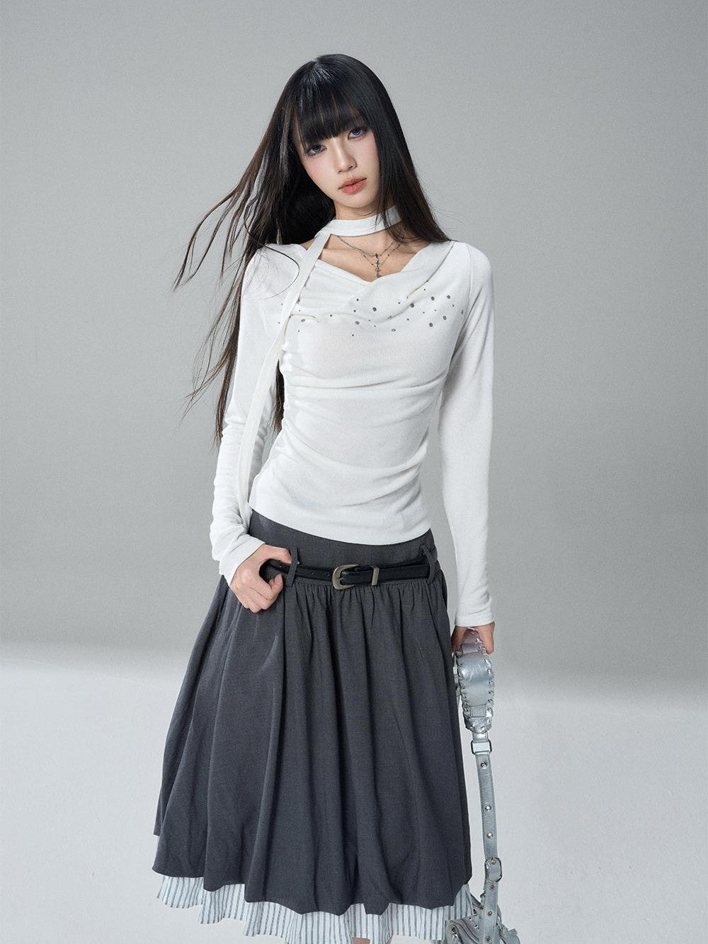 LADYGHOST Ruched Draped Neck Solid Slim Fit Women&
