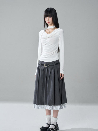 LADYGHOST Ruched Draped Neck Solid Slim Fit Women&