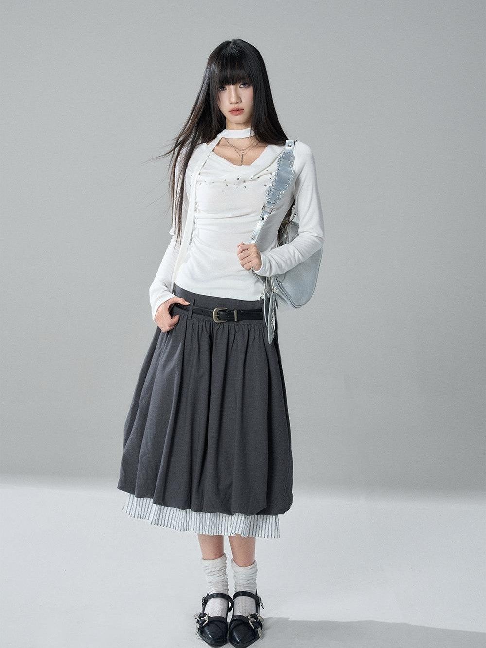 LADYGHOST Ruched Draped Neck Solid Slim Fit Women&