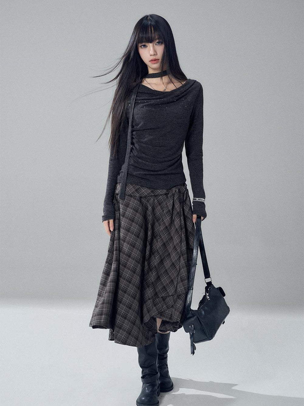 LADYGHOST Ruched Draped Neck Solid Slim Fit Women&