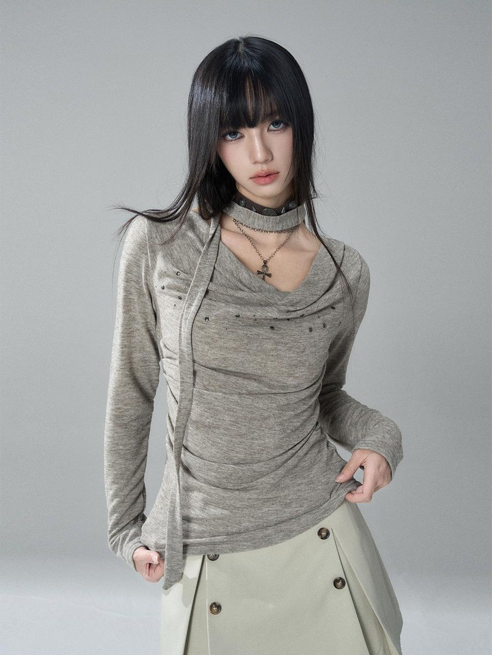LADYGHOST Ruched Draped Neck Solid Slim Fit Women&