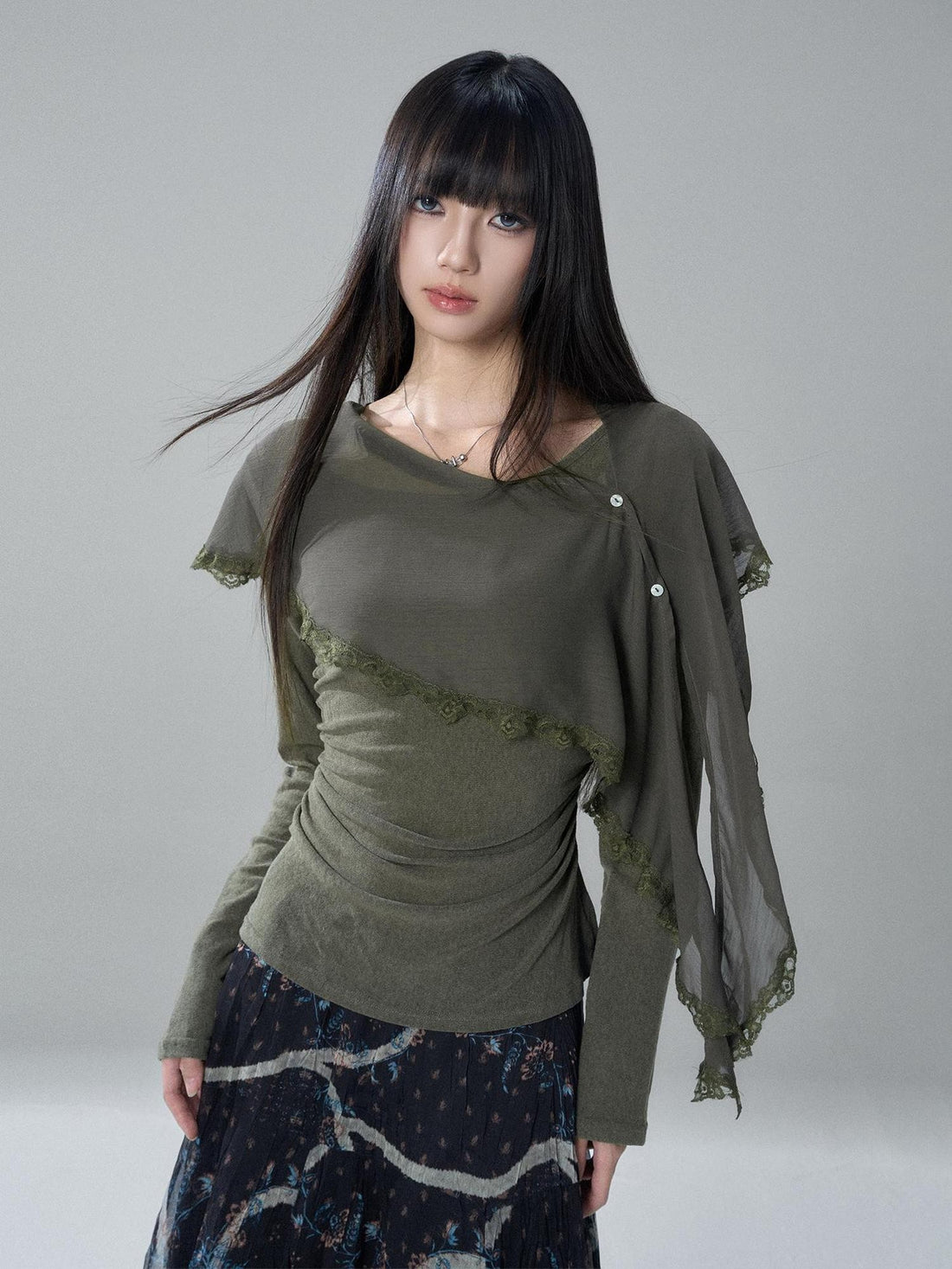 LADYGHOST Sheer Lace Button Capelet Solid Green Women&