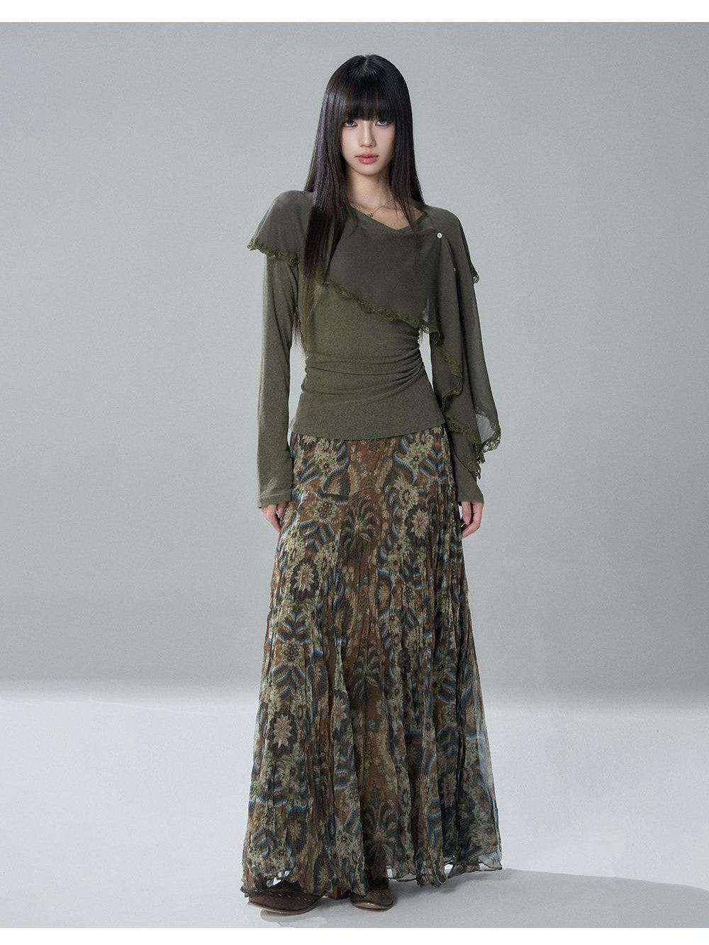 LADYGHOST Sheer Lace Button Capelet Solid Green Women&