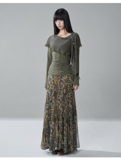 LADYGHOST Sheer Lace Button Capelet Solid Green Women&
