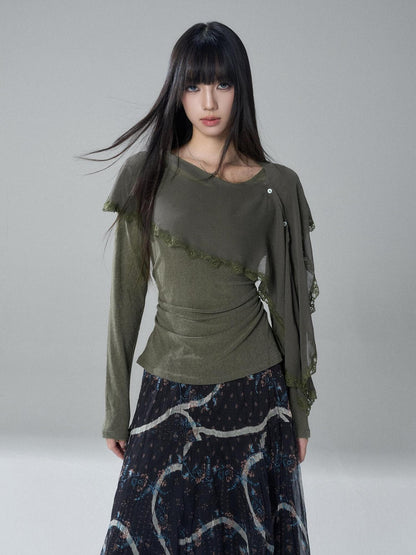 LADYGHOST Sheer Lace Button Capelet Solid Green Women&