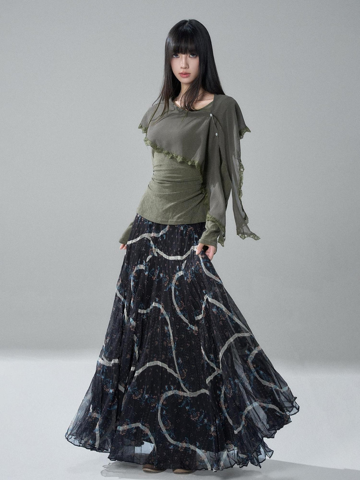 LADYGHOST Sheer Lace Button Capelet Solid Green Women&