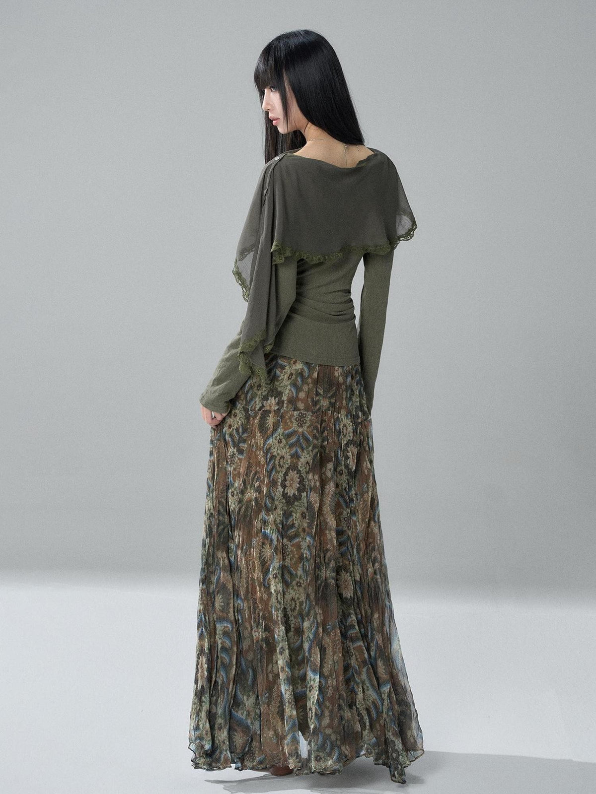 LADYGHOST Sheer Lace Button Capelet Solid Green Women&