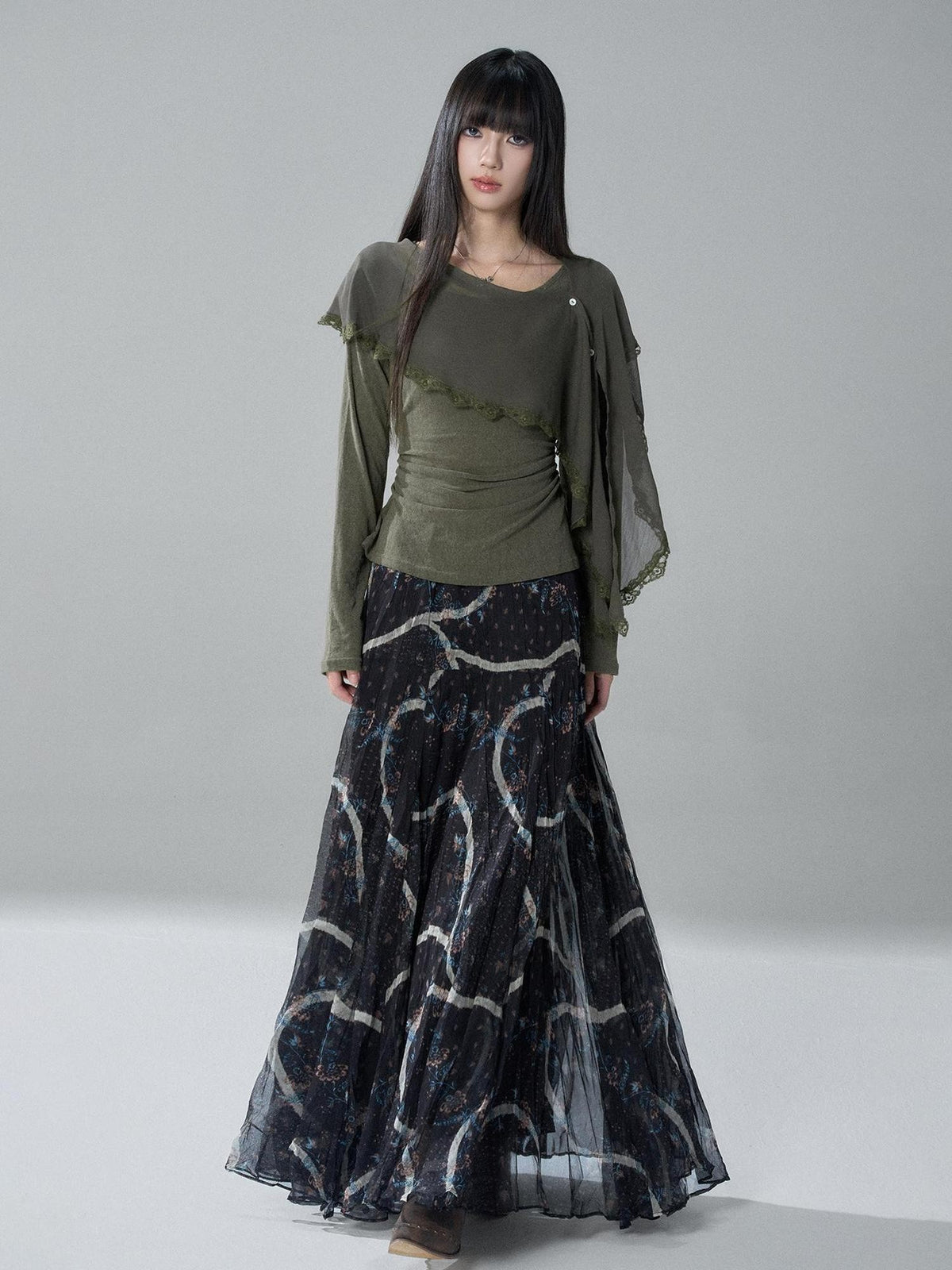 LADYGHOST Sheer Lace Button Capelet Solid Green Women&