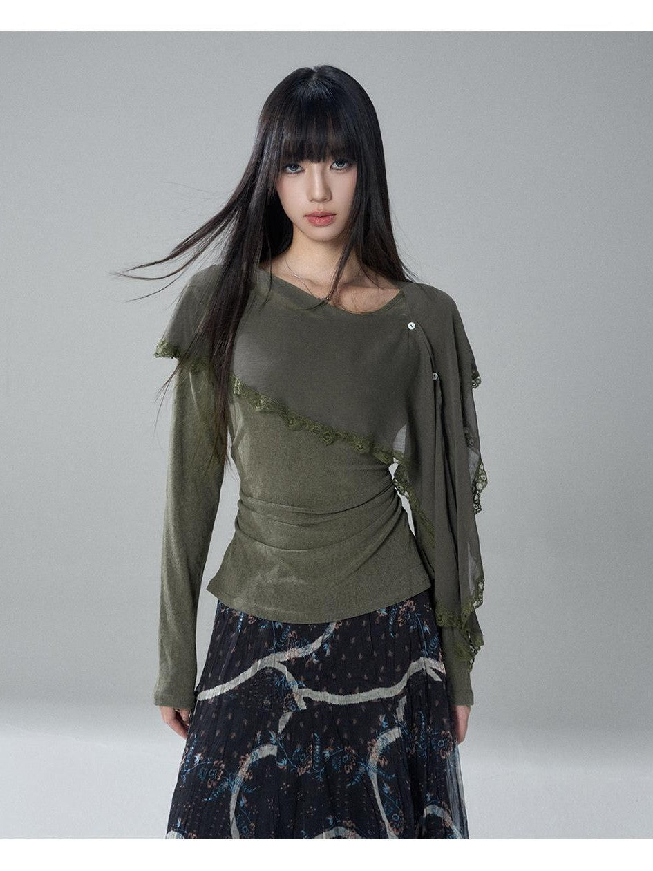 LADYGHOST Sheer Lace Button Capelet Solid Green Women&