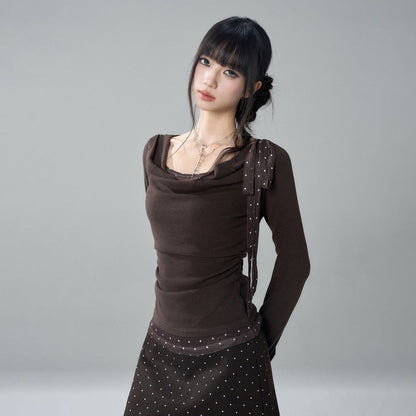 LADYGHOST_Slim_Fit_Draped_Cowl_Neck_Layered_Look_Polka_Dot_Women&