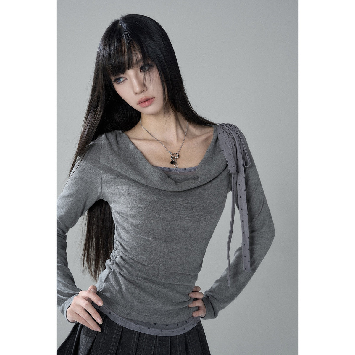 LADYGHOST_Slim_Fit_Draped_Cowl_Neck_Layered_Look_Polka_Dot_Women&