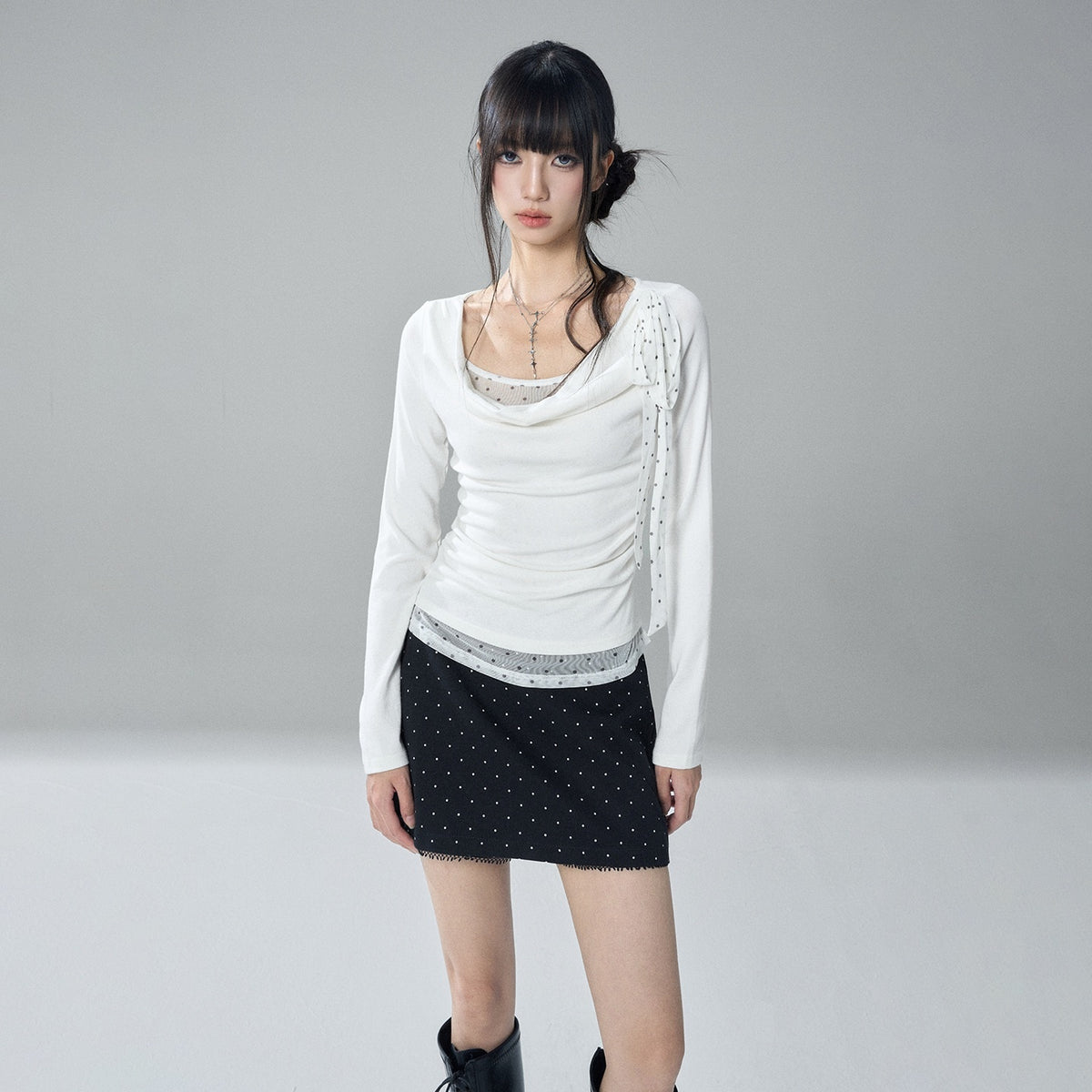 LADYGHOST_Slim_Fit_Draped_Cowl_Neck_Layered_Look_Polka_Dot_Women&