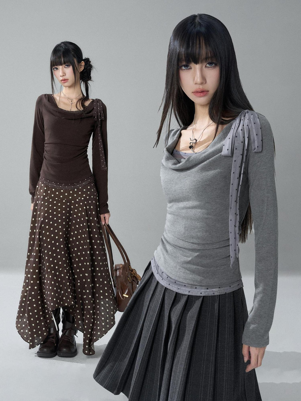 LADYGHOST Slim Fit Draped Cowl Neck Layered Look Polka Dot Women&