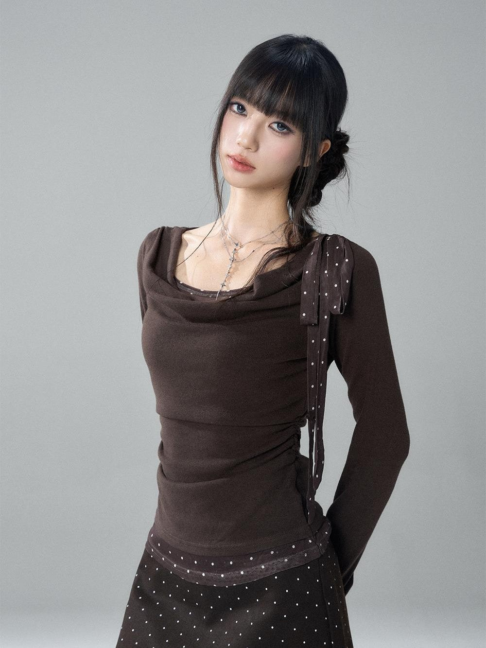 LADYGHOST Slim Fit Draped Cowl Neck Layered Look Polka Dot Women&