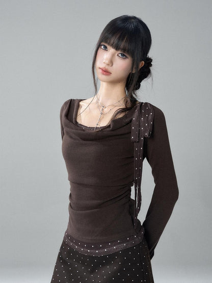 LADYGHOST Slim Fit Draped Cowl Neck Layered Look Polka Dot Women&