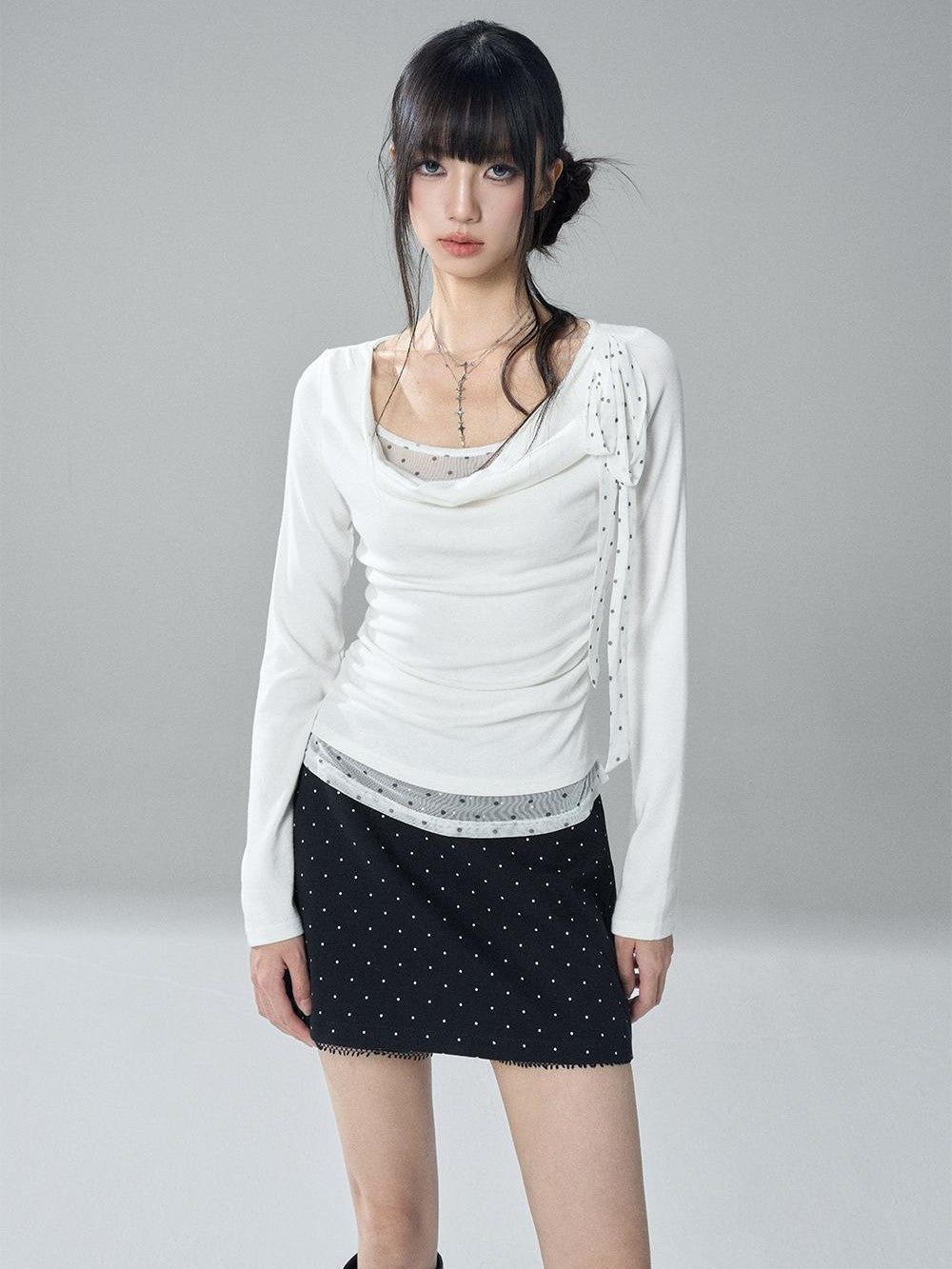LADYGHOST Slim Fit Draped Cowl Neck Layered Look Polka Dot Women&