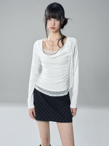LADYGHOST Slim Fit Draped Cowl Neck Layered Look Polka Dot Women&