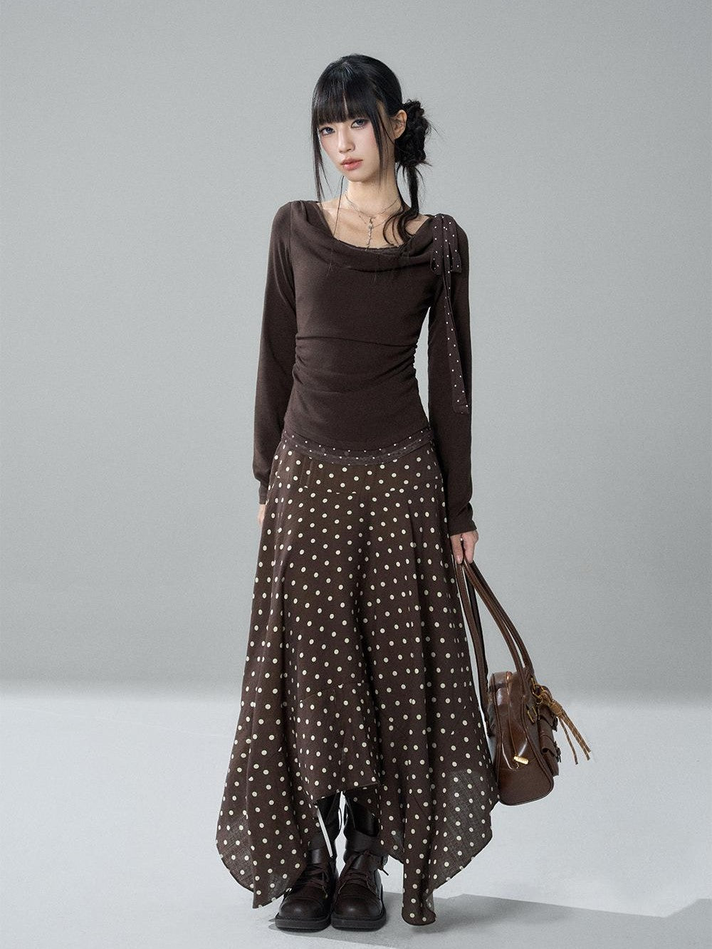 LADYGHOST Slim Fit Draped Cowl Neck Layered Look Polka Dot Women&