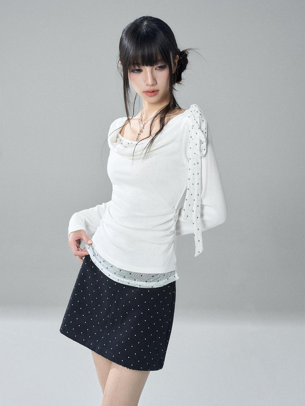 LADYGHOST Slim Fit Draped Cowl Neck Layered Look Polka Dot Women&
