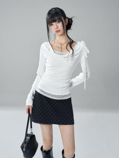 LADYGHOST Slim Fit Draped Cowl Neck Layered Look Polka Dot Women&