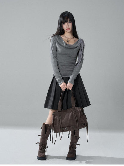 LADYGHOST Slim Fit Draped Cowl Neck Layered Look Polka Dot Women&