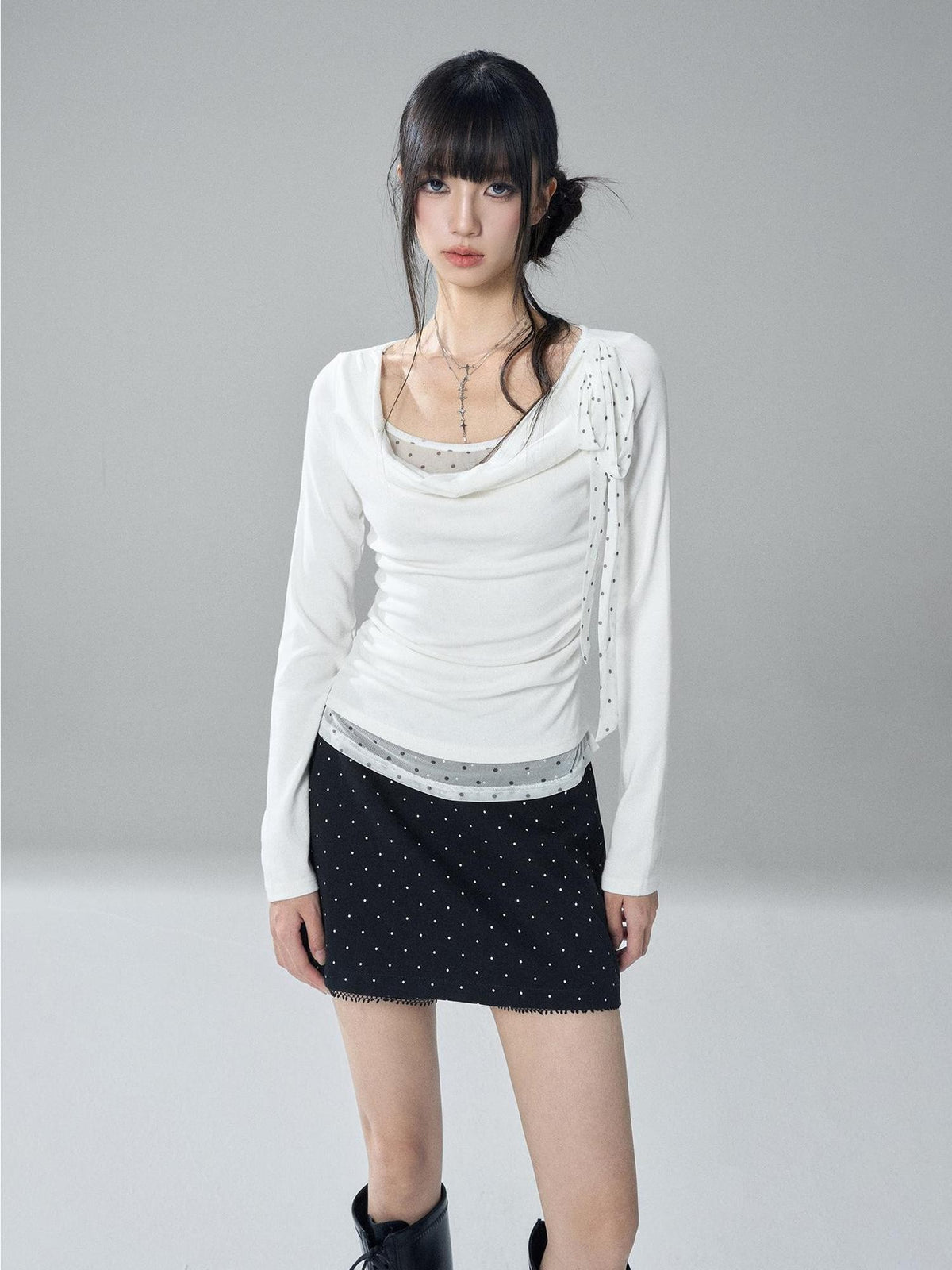 LADYGHOST Slim Fit Draped Cowl Neck Layered Look Polka Dot Women&