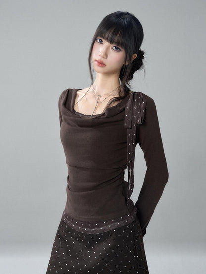 LADYGHOST Slim Fit Draped Cowl Neck Layered Look Polka Dot Women&