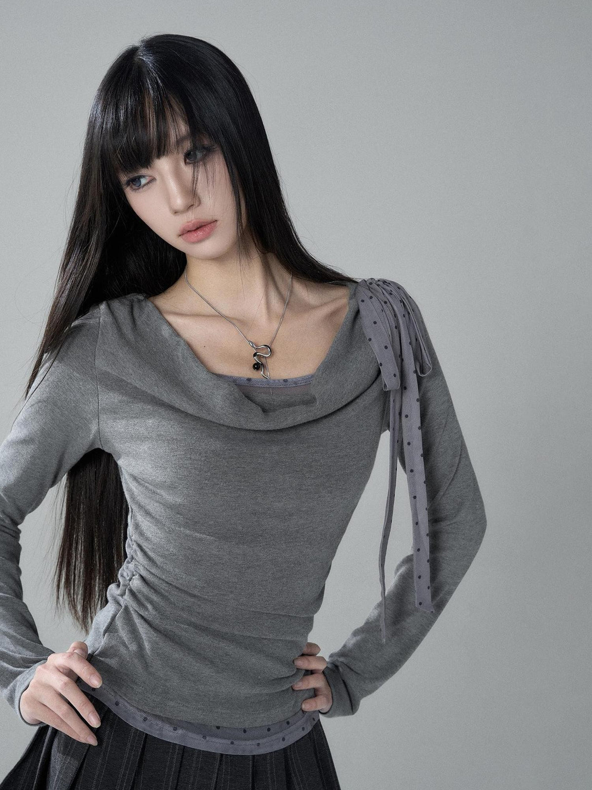 LADYGHOST Slim Fit Draped Cowl Neck Layered Look Polka Dot Women&