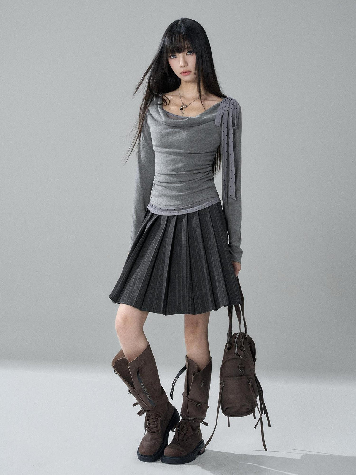 LADYGHOST Slim Fit Draped Cowl Neck Layered Look Polka Dot Women&