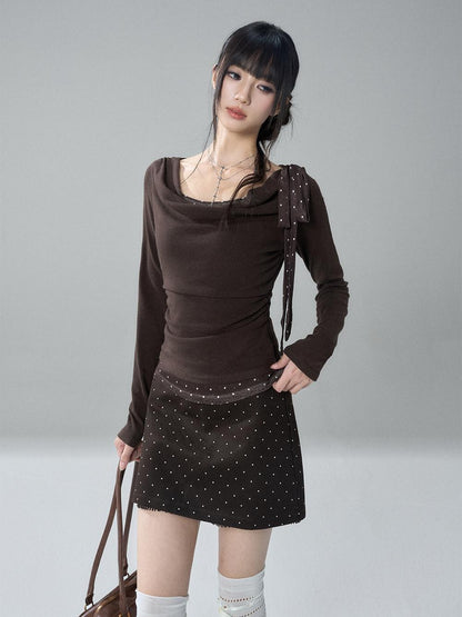 LADYGHOST Slim Fit Draped Cowl Neck Layered Look Polka Dot Women&