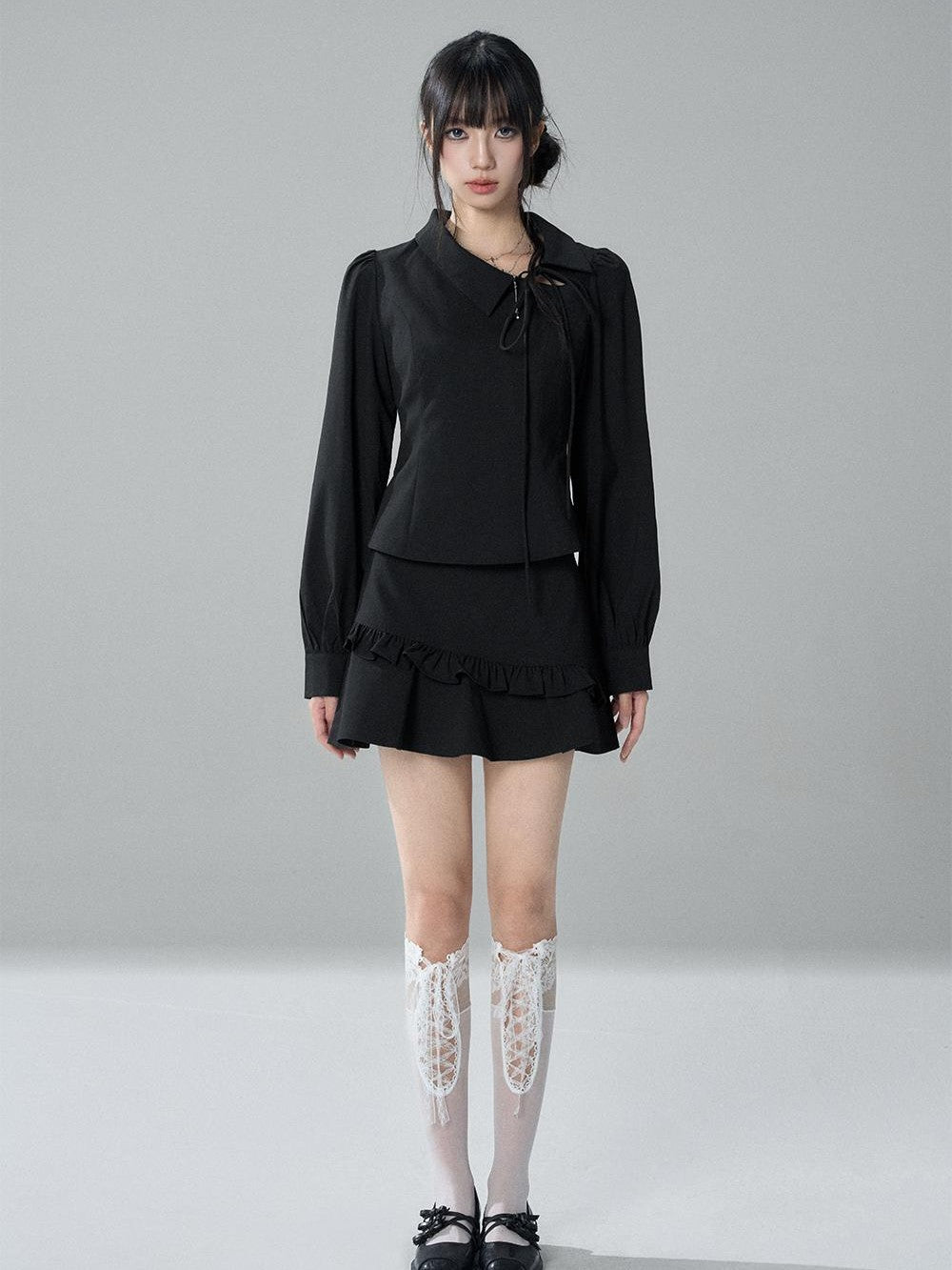 LADYGHOST Solid Collared Shirt Long Sleeve Slim Fit Women&