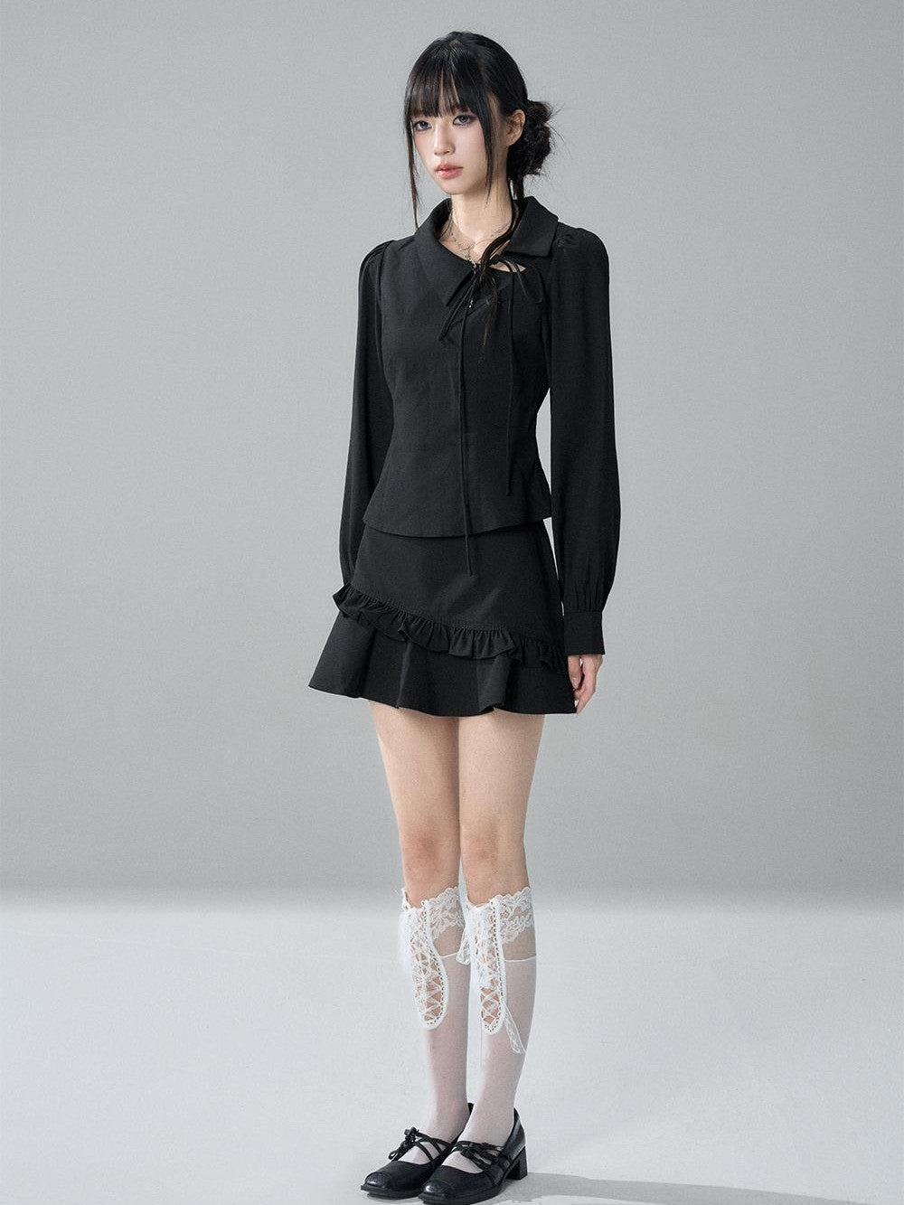 LADYGHOST Solid Collared Shirt Long Sleeve Slim Fit Women&