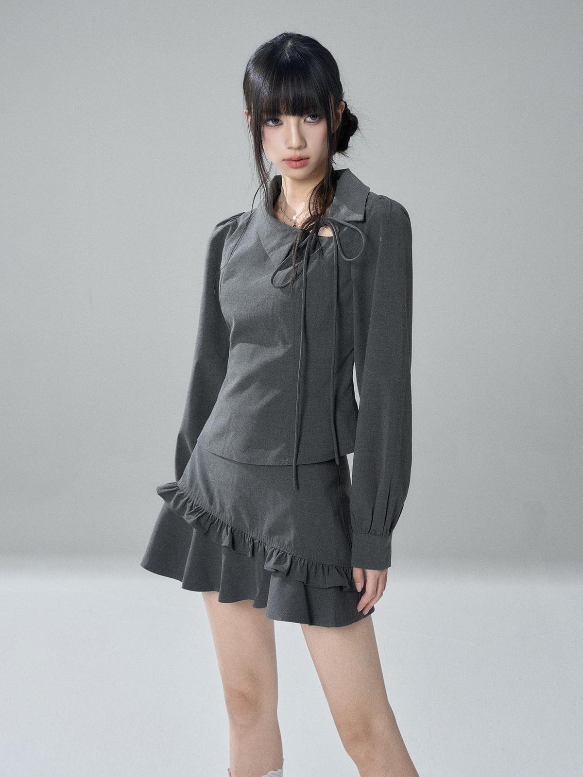 LADYGHOST Solid Collared Shirt Long Sleeve Slim Fit Women&