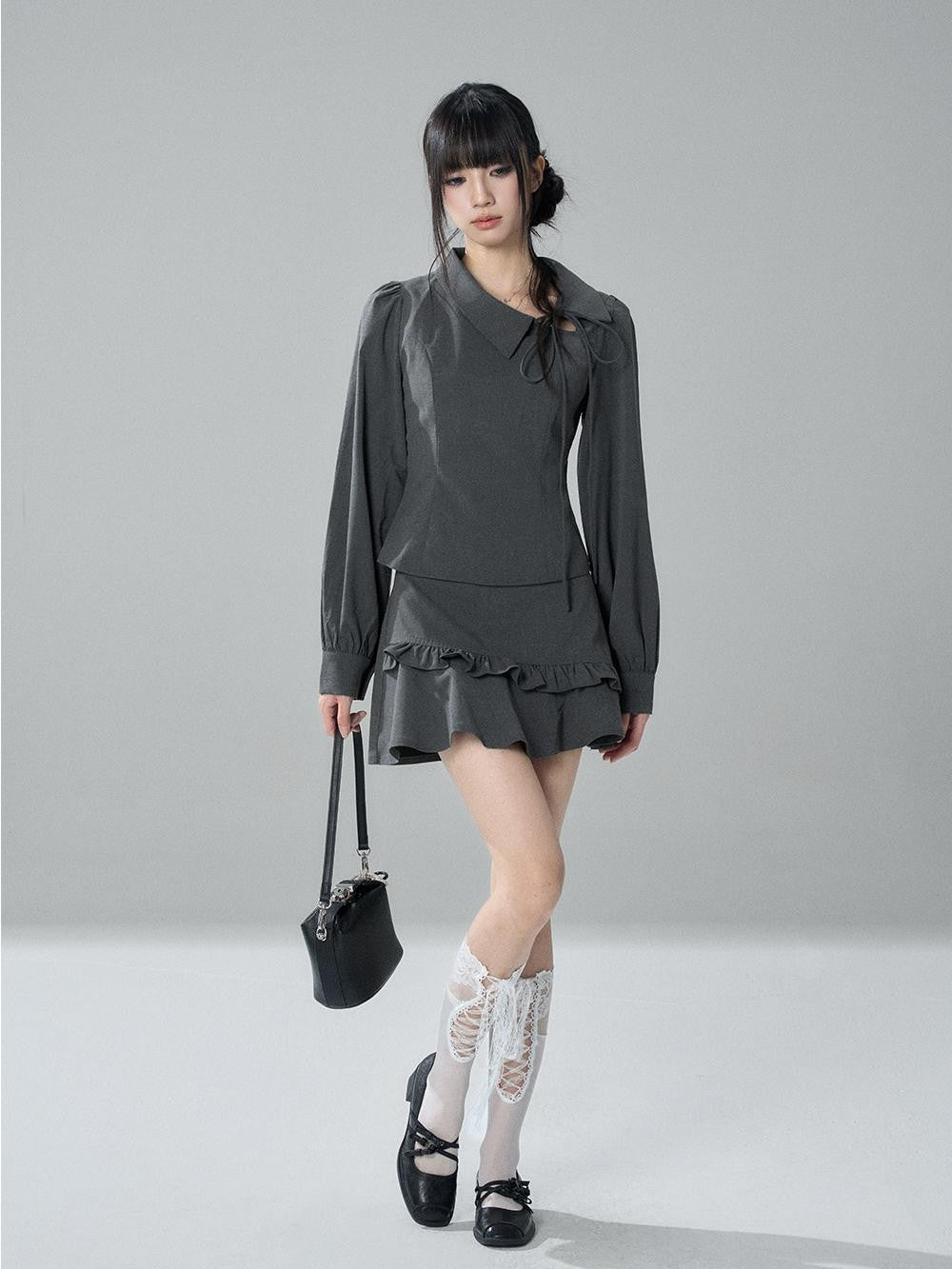 LADYGHOST Solid Collared Shirt Long Sleeve Slim Fit Women&
