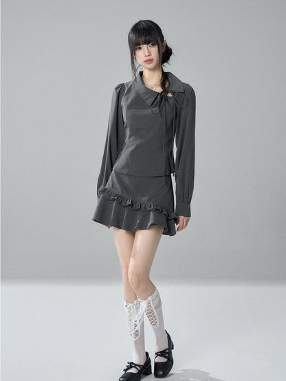 LADYGHOST Solid Collared Shirt Long Sleeve Slim Fit Women&