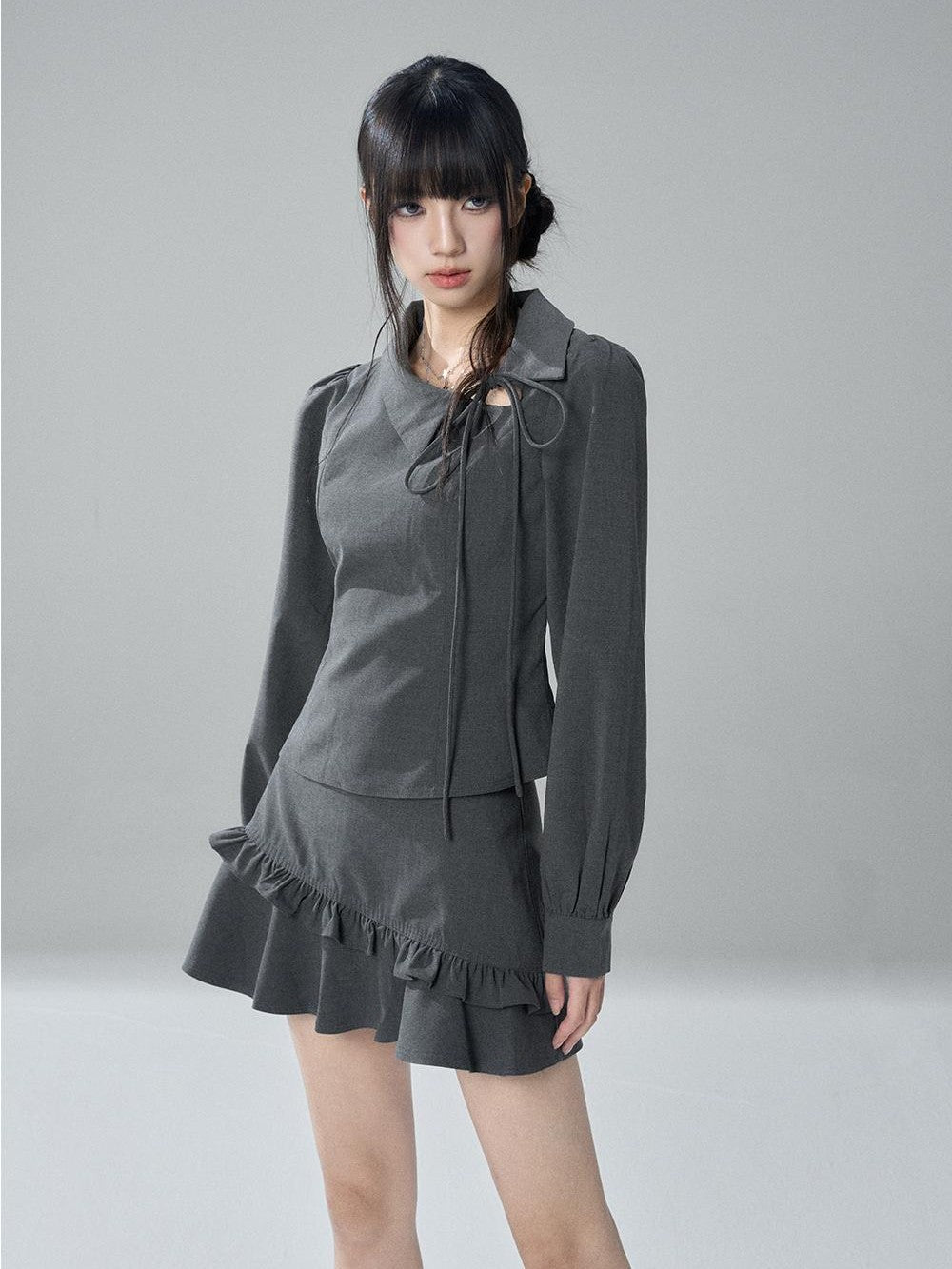LADYGHOST Solid Collared Shirt Long Sleeve Slim Fit Women&