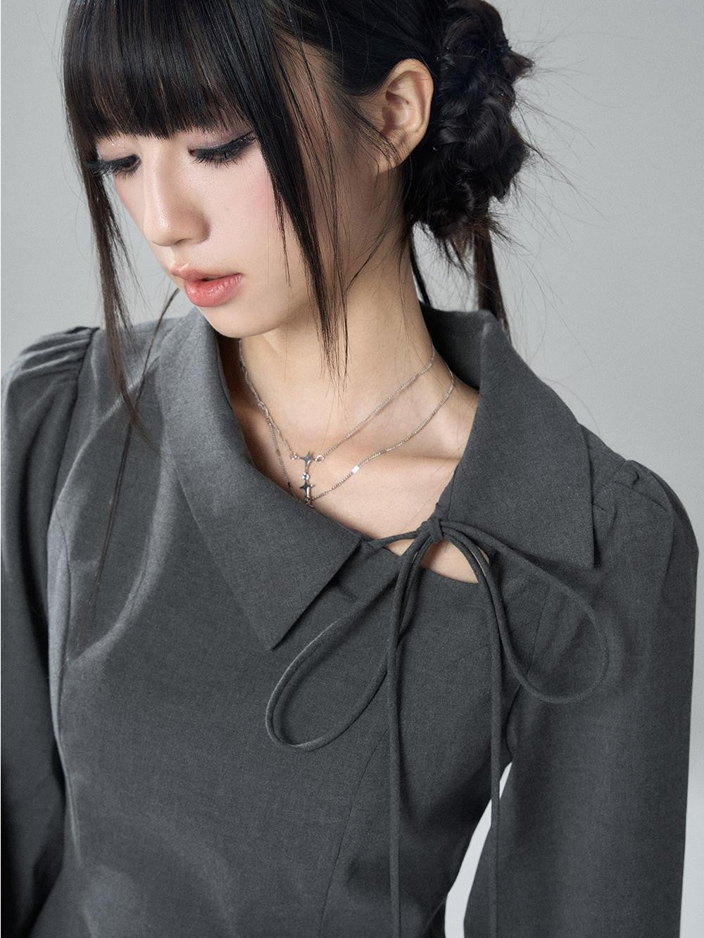 LADYGHOST Solid Collared Shirt Long Sleeve Slim Fit Women&