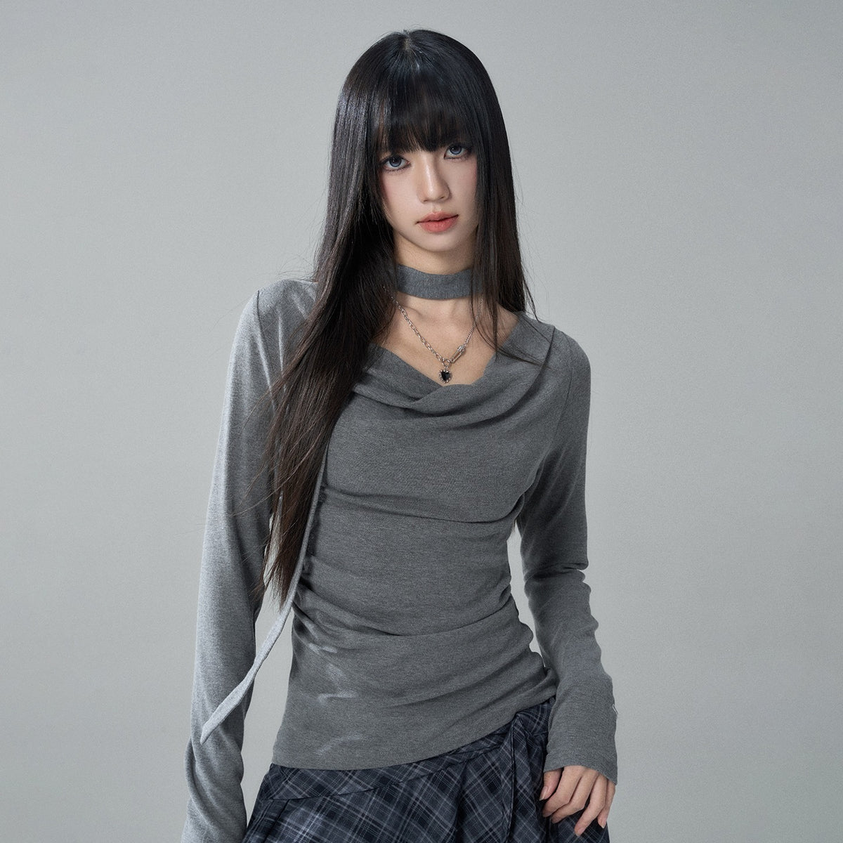 LADYGHOST_Solid_Cowl_Neck_Ruched_High_Waist_Slim_Fit_Women&