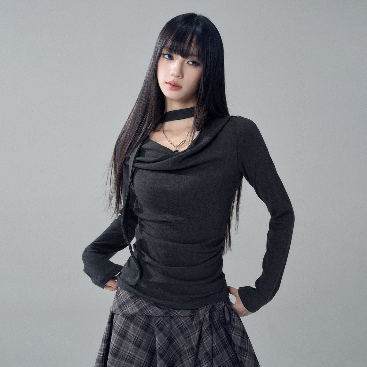 LADYGHOST_Solid_Cowl_Neck_Ruched_High_Waist_Slim_Fit_Women&