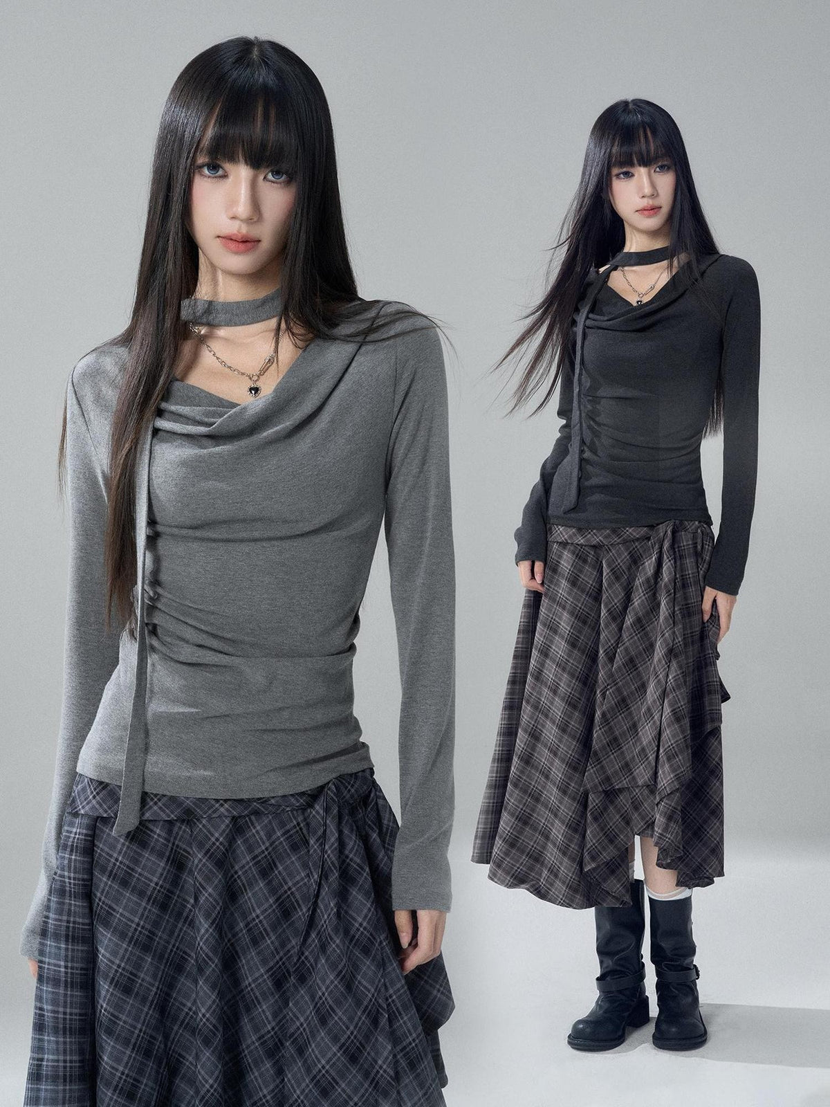 LADYGHOST Solid Cowl Neck Ruched High Waist Slim Fit Women&