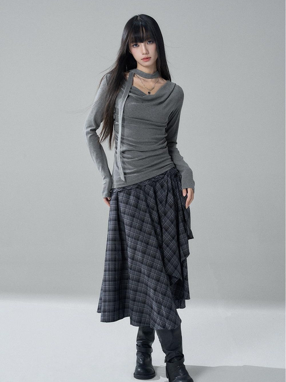 LADYGHOST Solid Cowl Neck Ruched High Waist Slim Fit Women&