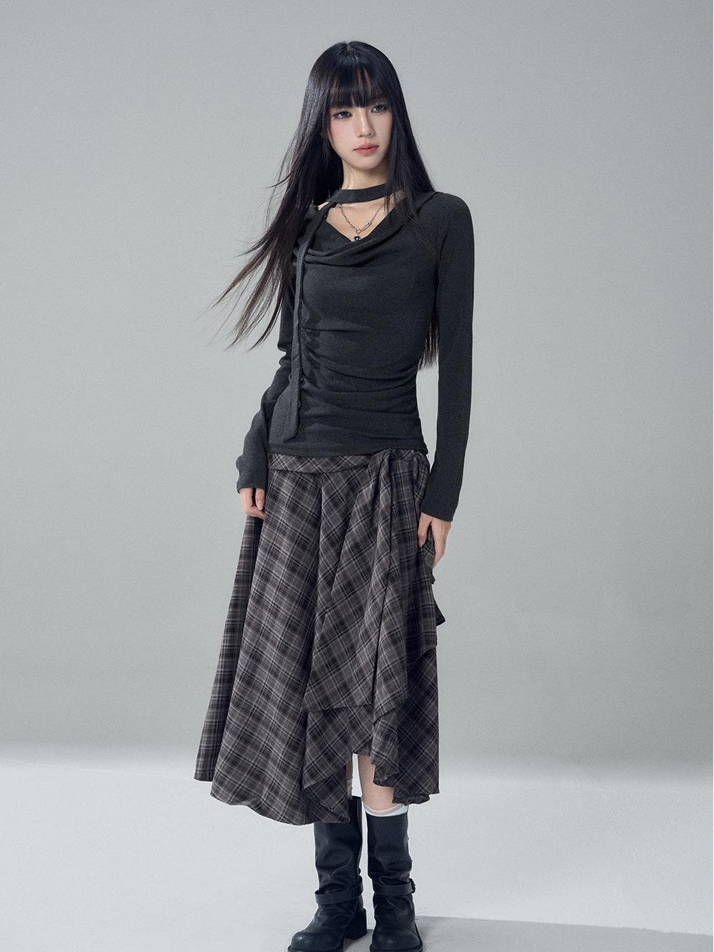 LADYGHOST Solid Cowl Neck Ruched High Waist Slim Fit Women&