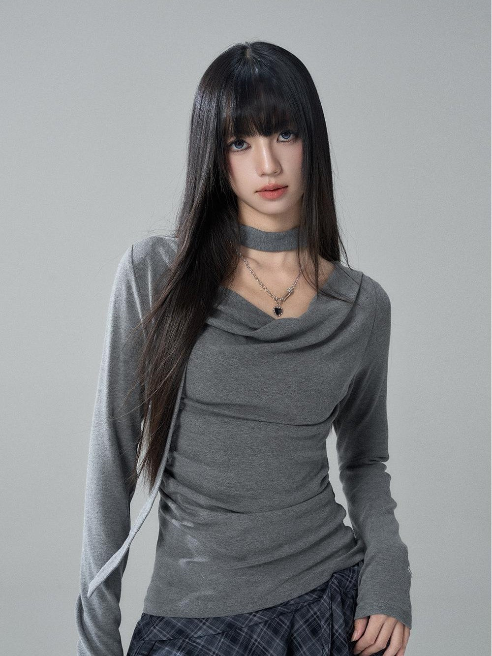 LADYGHOST Solid Cowl Neck Ruched High Waist Slim Fit Women&