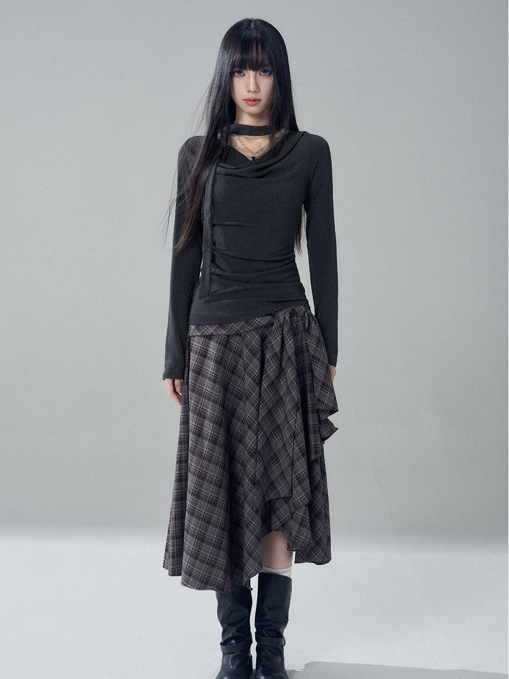 LADYGHOST Solid Cowl Neck Ruched High Waist Slim Fit Women&