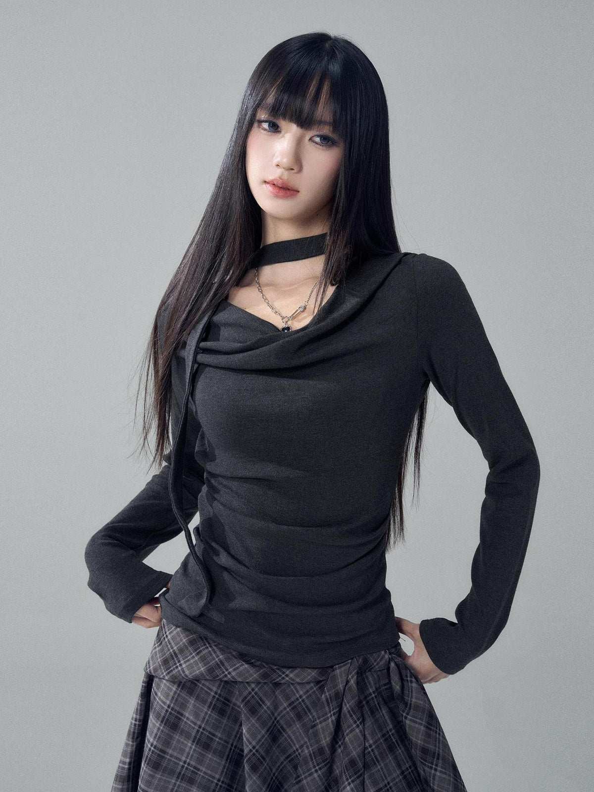 LADYGHOST Solid Cowl Neck Ruched High Waist Slim Fit Women&