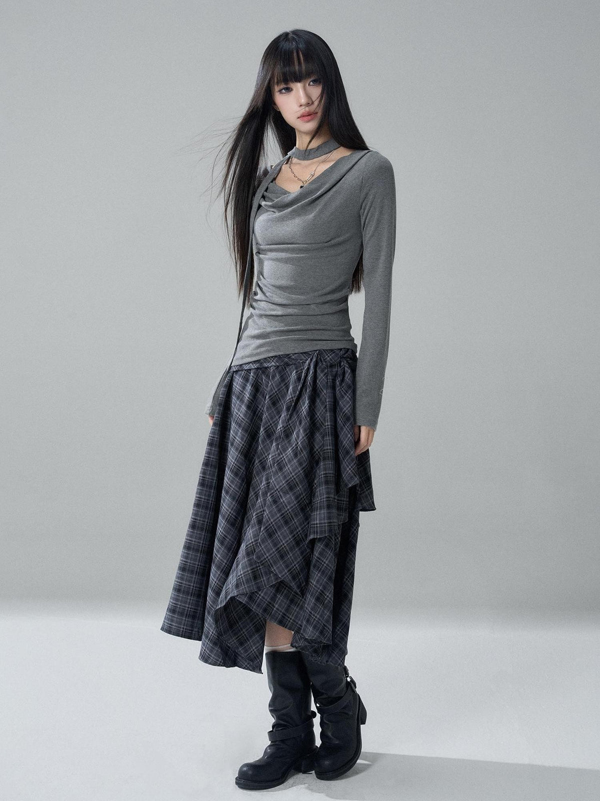 LADYGHOST Solid Cowl Neck Ruched High Waist Slim Fit Women&