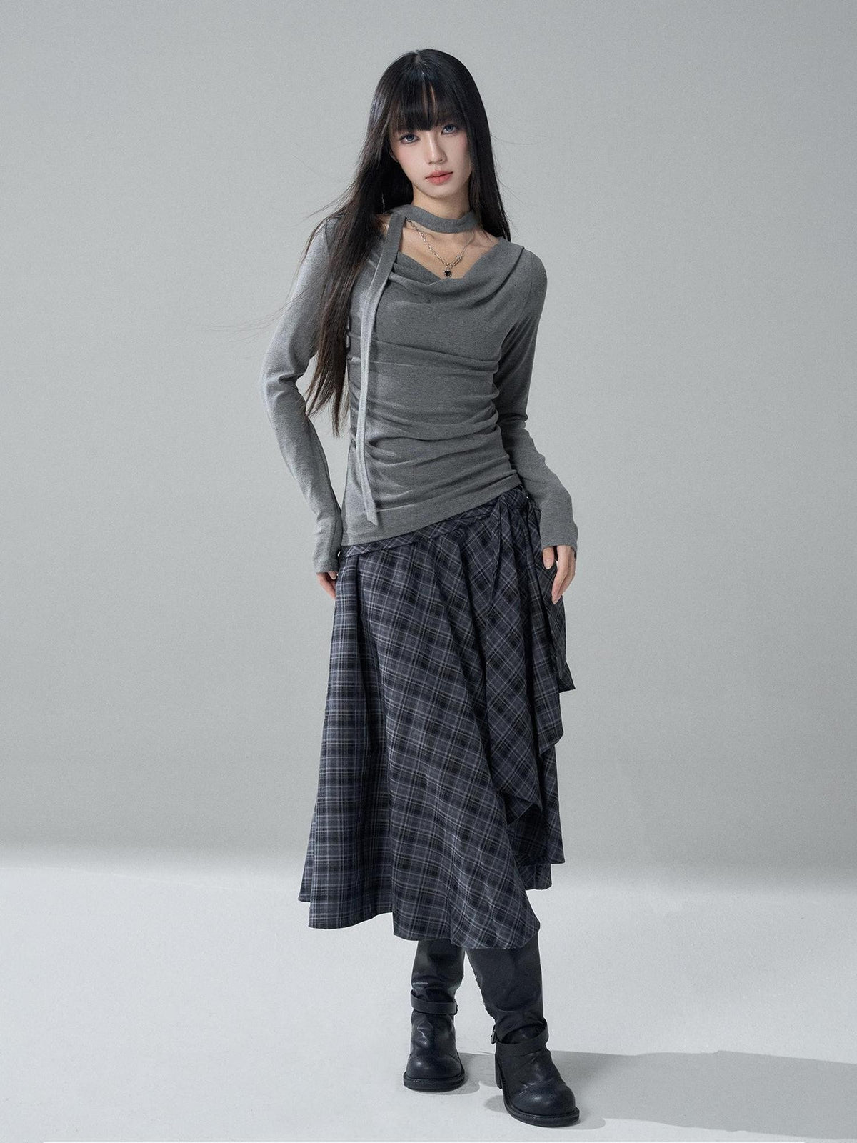 LADYGHOST Solid Cowl Neck Ruched High Waist Slim Fit Women&