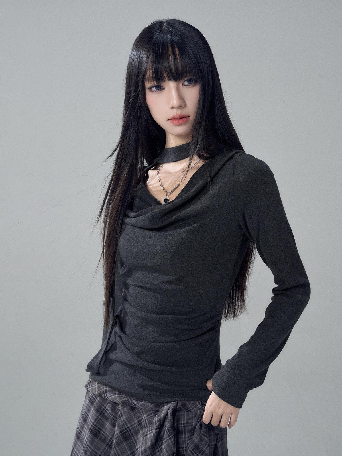 LADYGHOST Solid Cowl Neck Ruched High Waist Slim Fit Women&